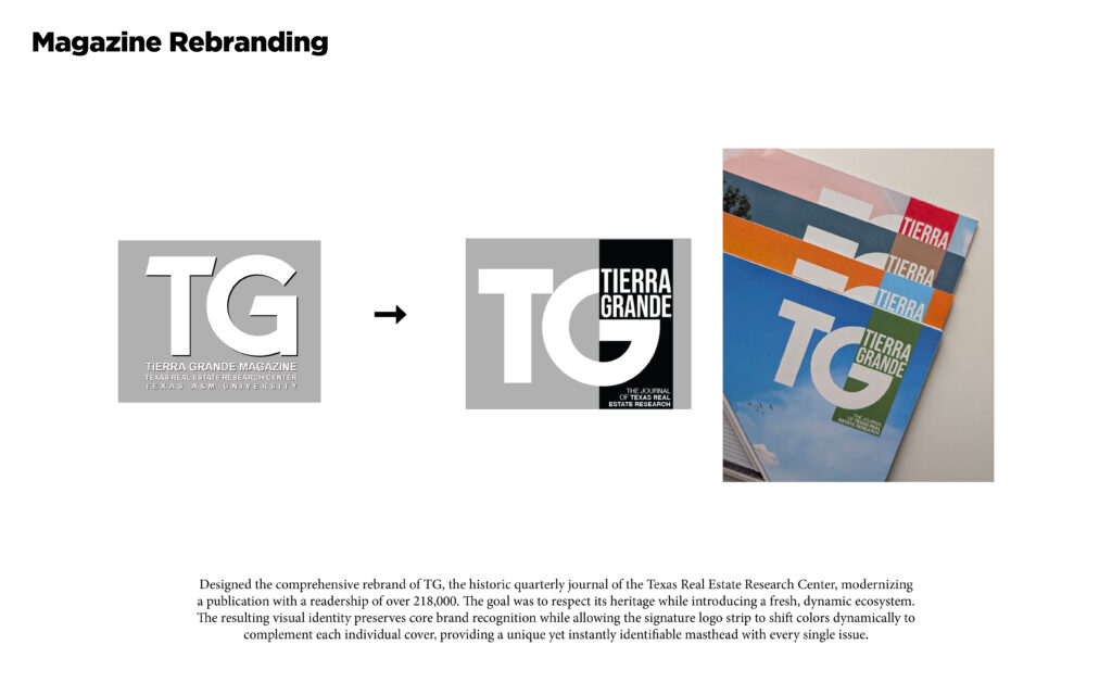 Tierra Grande magazine rebrand showing the original and redesigned TG masthead with printed magazine covers.