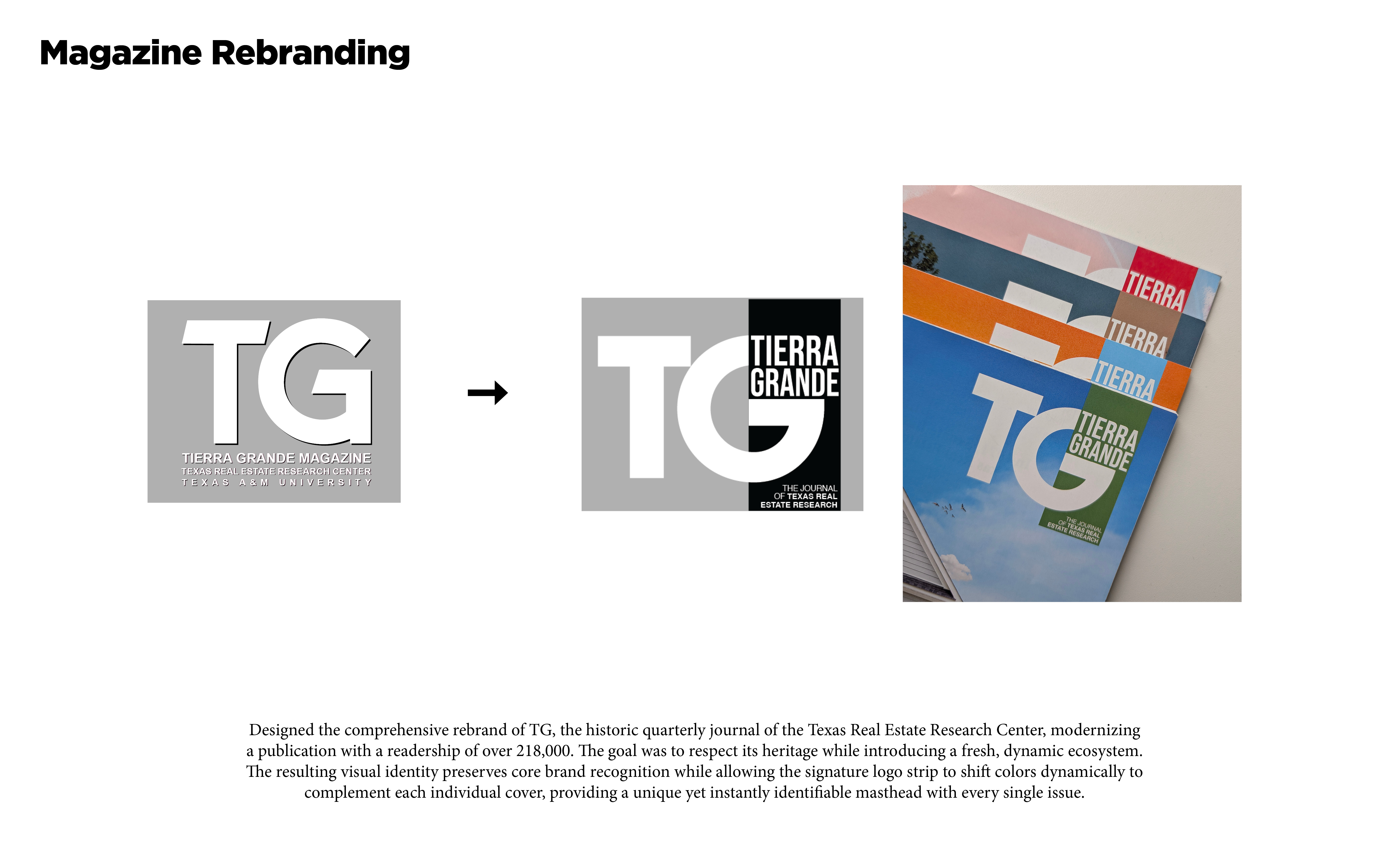 Tierra Grande magazine rebrand showing the original and redesigned TG masthead with printed magazine covers.